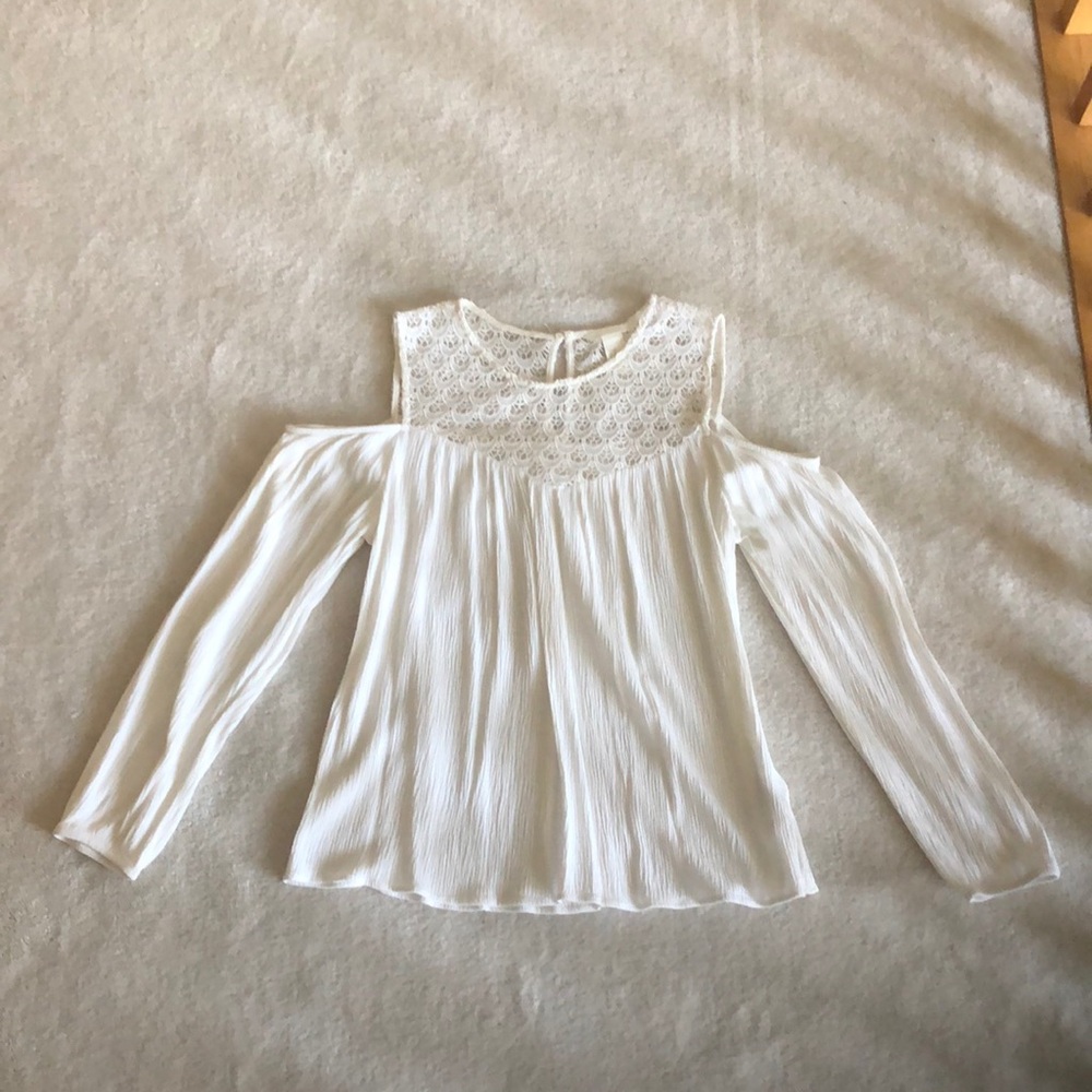 Boho pleated crepe and lace cold shoulder blouse